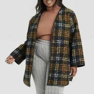 Ava & Viv Faux Leather Trim Open Front Casual Jacket 1X Rust Plaid Fall Cozy NEW